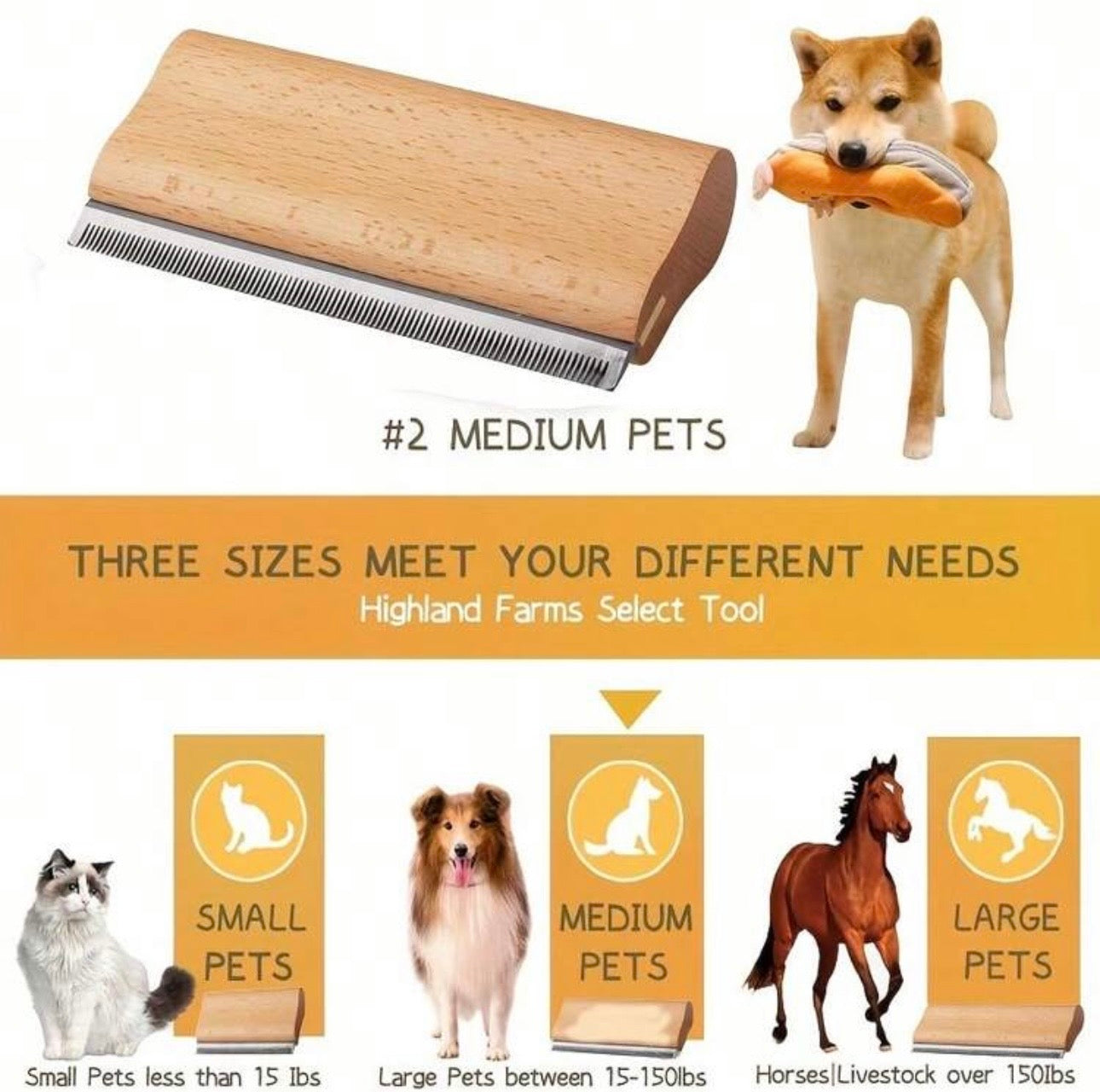 Deshedding Grooming Tool For Dogs, Cats & Horses, Ergonomic Design Wood Groom Brush, Professional Pet Groomer, Painlessly Remove For Short & Long Hair, Fur & Dirt